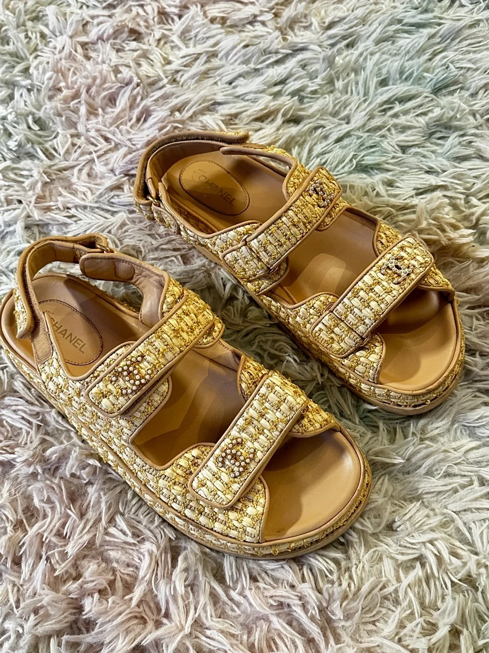 Chanel Authentic Raffia Pearl Velcro Dad Sandals Size 41